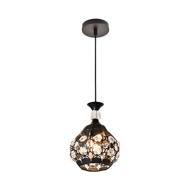 Hollow Out Flower Iron Suspension Light Modern 1-Head Black Finish Pendulum Lamp with Crystal Accent