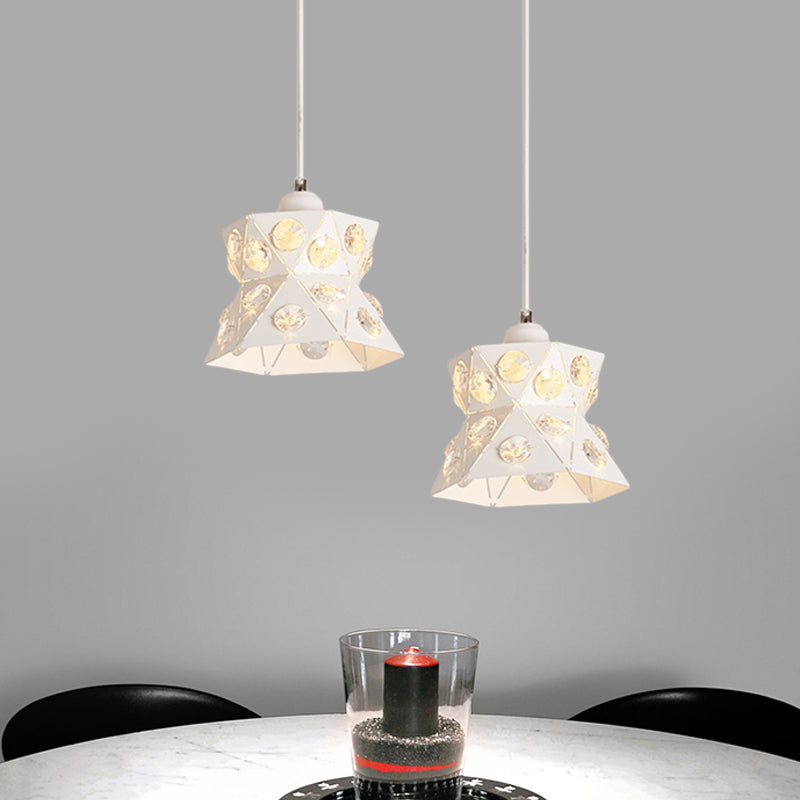 Hourglass Hanging Ceiling Light Modern Iron 1-Light Restaurant Crystal Suspension Lamp in White