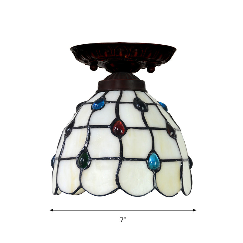 Bell / Globe Flush Fixture de la lumière Tiffany White Grille en verre Cbeille à Beige Single Beige Mount Ceiling Light with Jewels