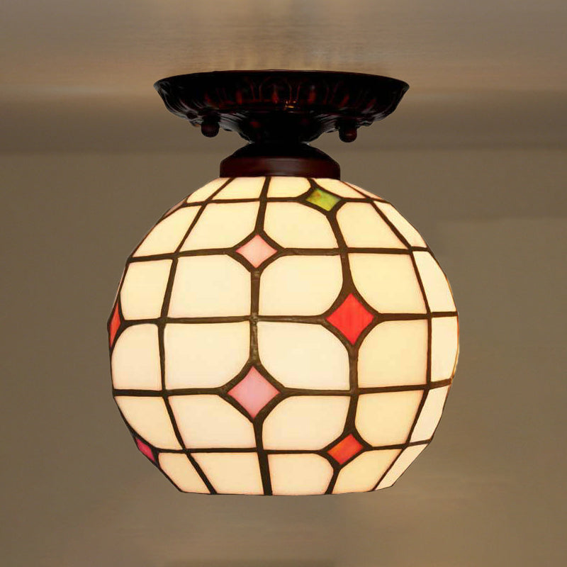 Bell / Globe Flush Fixture de la lumière Tiffany White Grille en verre Cbeille à Beige Single Beige Mount Ceiling Light with Jewels