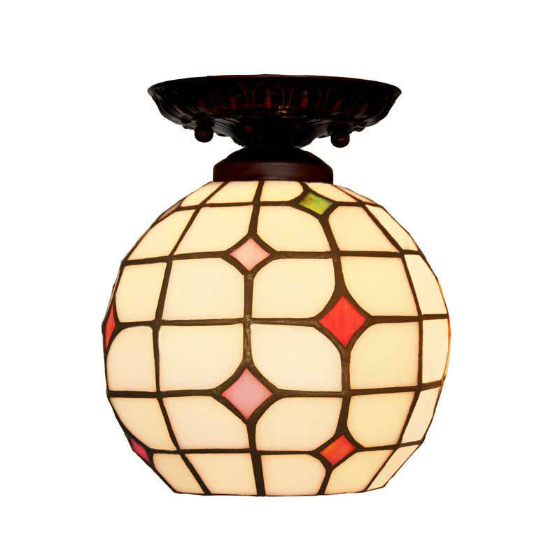 Bell / Globe Flush Fixture de la lumière Tiffany White Grille en verre Cbeille à Beige Single Beige Mount Ceiling Light with Jewels