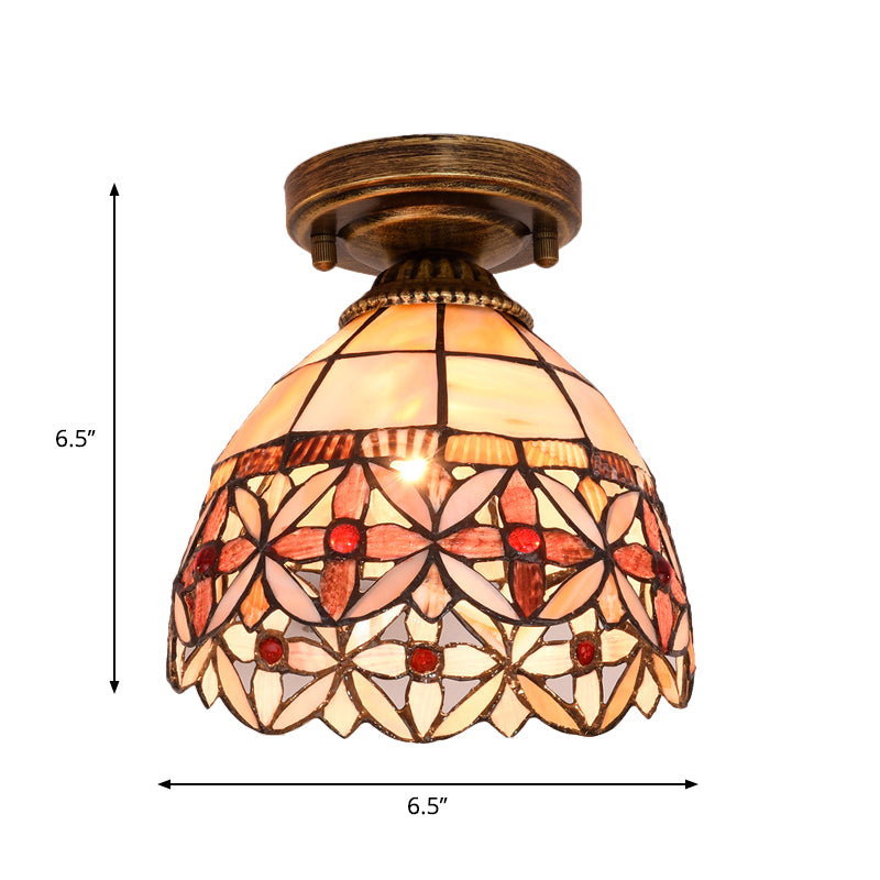 Tiffany Floral Bell Flush Mount 1-Light Shell Ceiling Light Fixture in Beige/Red-White/Pink for Living Room