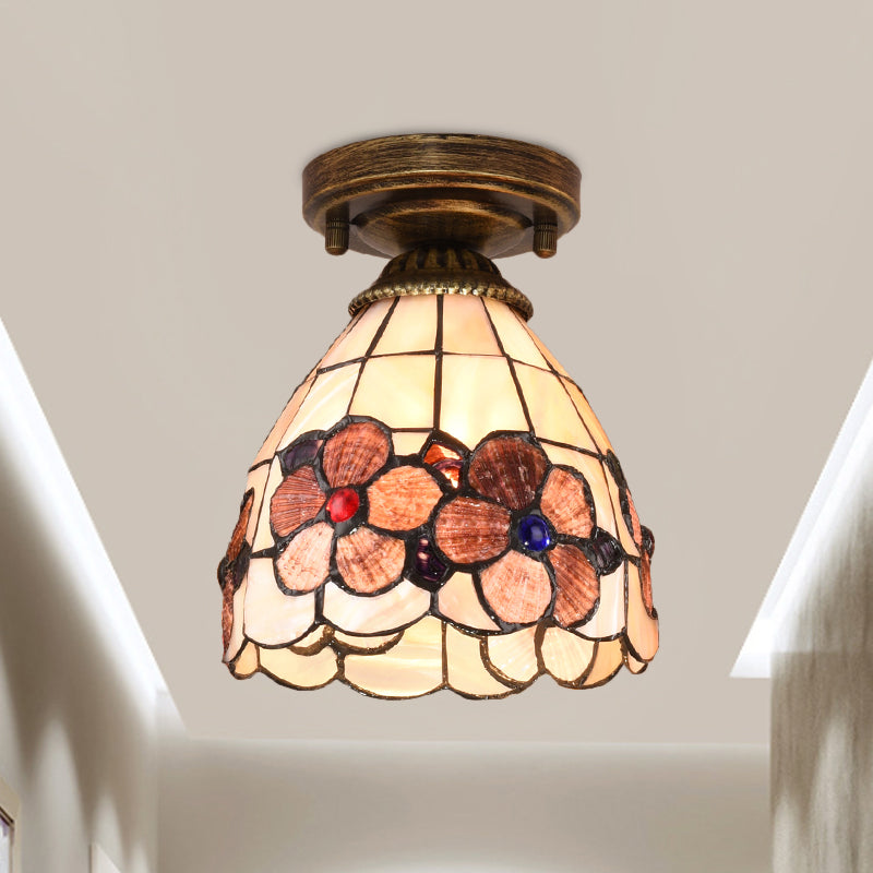 Tiffany Floral Bell Unterputz-Deckenleuchte mit 1 Lampe und Muschelschale in Beige/Rot-Weiß/Pink für Wohnzimmer