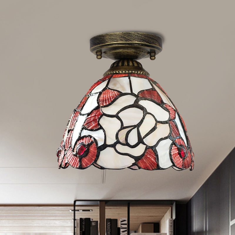 Tiffany Floral Bell Unterputz-Deckenleuchte mit 1 Lampe und Muschelschale in Beige/Rot-Weiß/Pink für Wohnzimmer