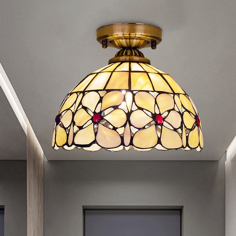 Messing Single Flushmount Lampe Tiffany Flower Gemusterte Schale Schale Bündig Deckenleuchte