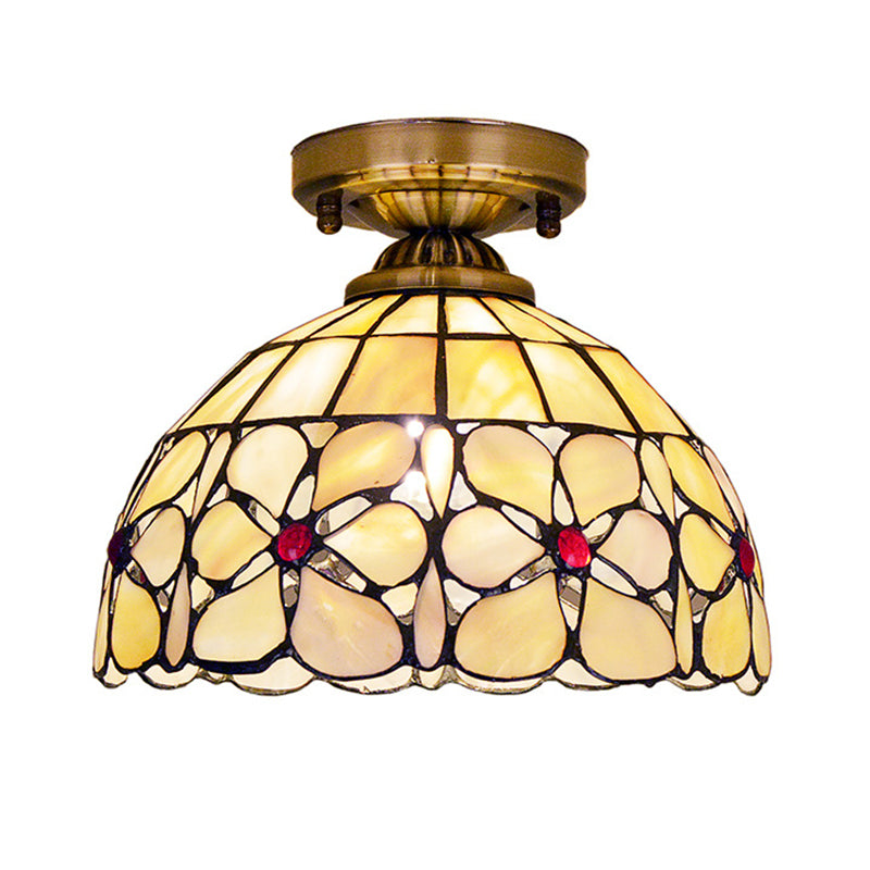 Messing Single Flushmount Lampe Tiffany Flower Gemusterte Schale Schale Bündig Deckenleuchte