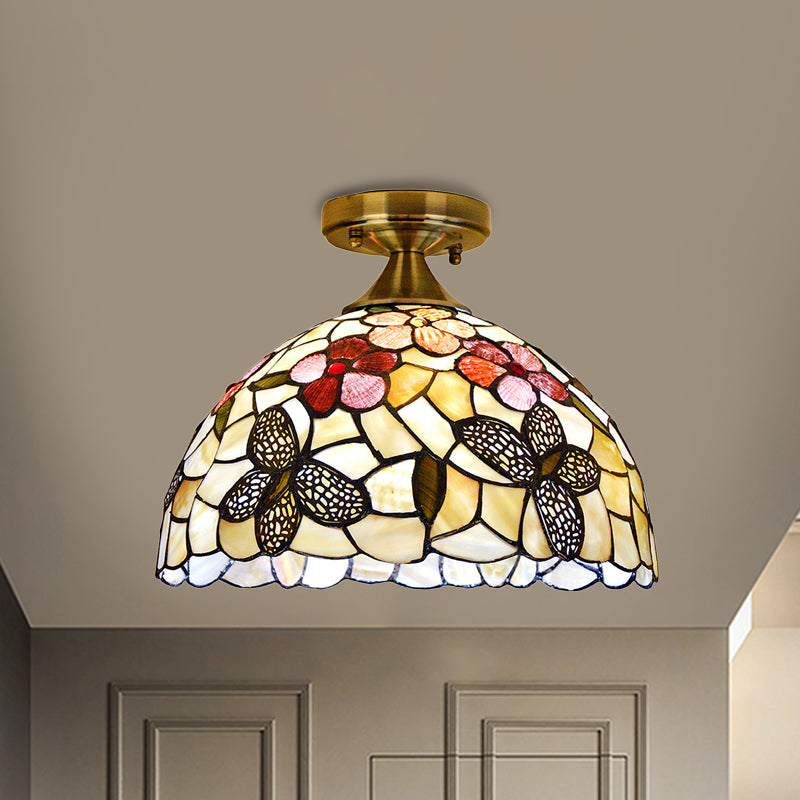 Single Kitchen Ceiling Flush Light Tiffany Brass Flush Mount with Flower-Butterfly Shell Shade