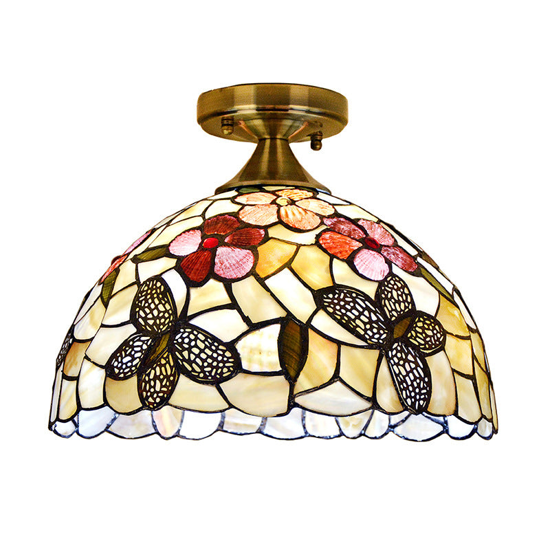 Single Kitchen Ceiling Flush Light Tiffany Brass Flush Mount with Flower-Butterfly Shell Shade