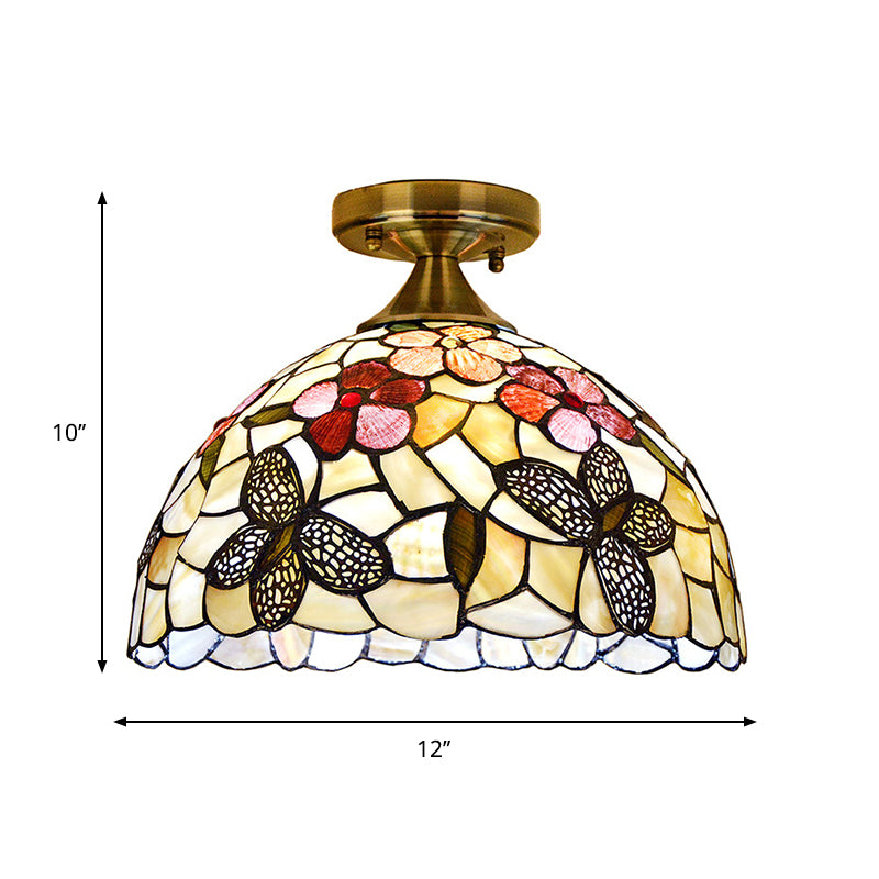 Single Kitchen Ceiling Flush Light Tiffany Brass Flush Mount with Flower-Butterfly Shell Shade