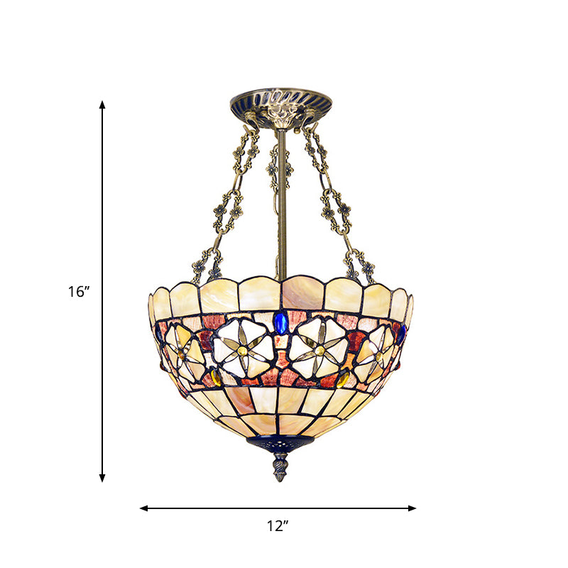 3 Lights Ceiling Mount Chandelier Tiffany Scalloped Handcrafted Shell Semi Flush Light in Brass