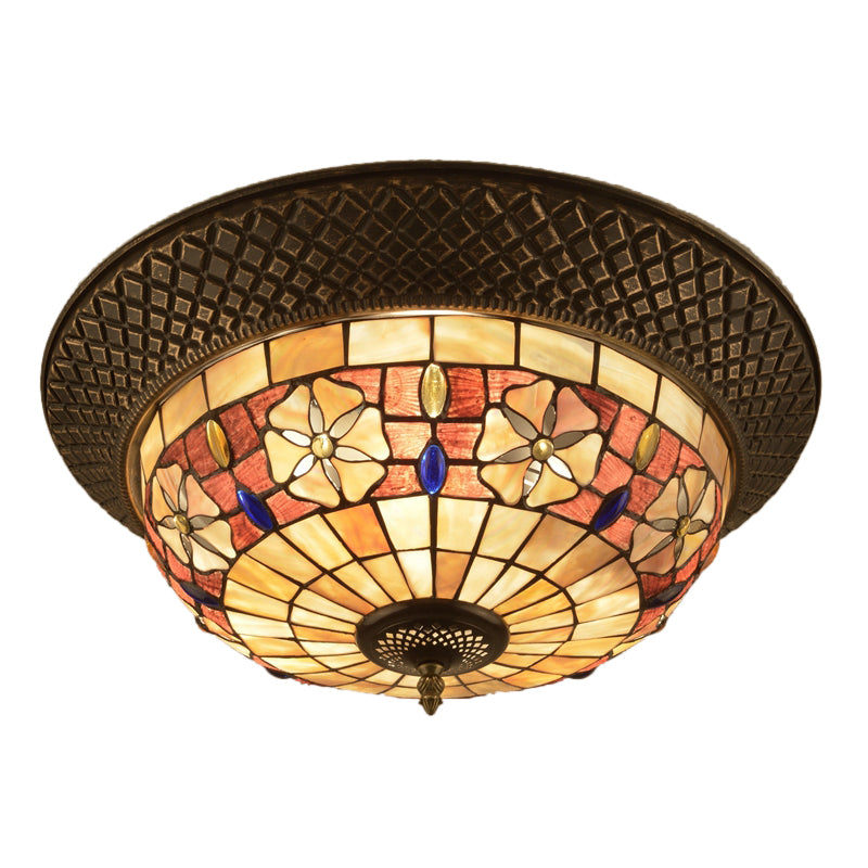 Bronze Cap Shape Flush Light Tiffany LED Shell Flush Mount Ceiling Fixture with Trellis Pattern