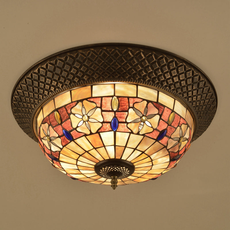 Bronze Cap Shape Flush Light Tiffany LED Shell Flush Mount Ceiling Fixture with Trellis Pattern