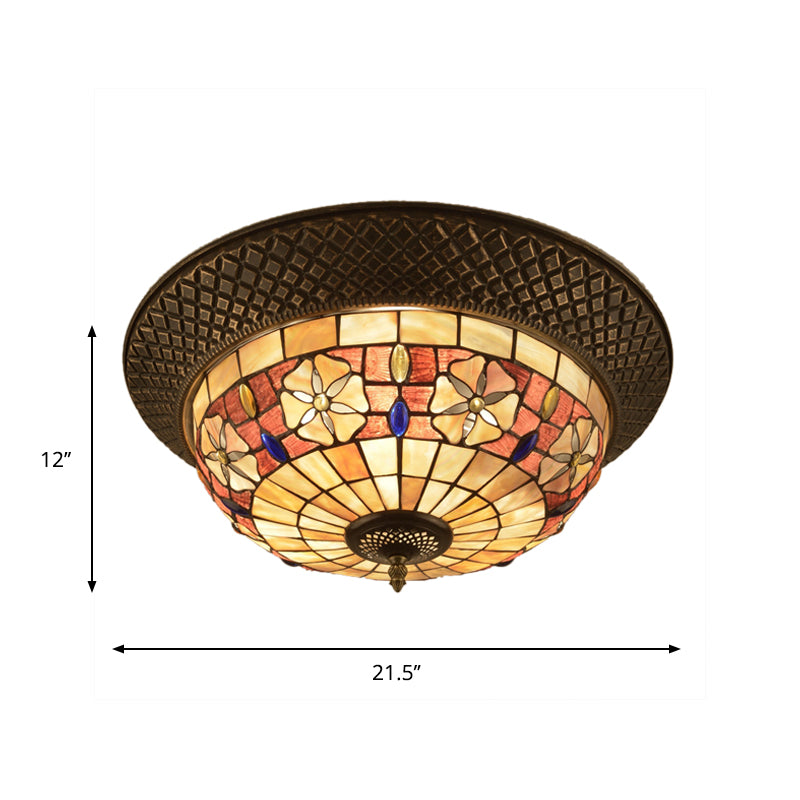 Bronze Cap Shape Flush Light Tiffany LED Shell Flush Mount Ceiling Fixture with Trellis Pattern