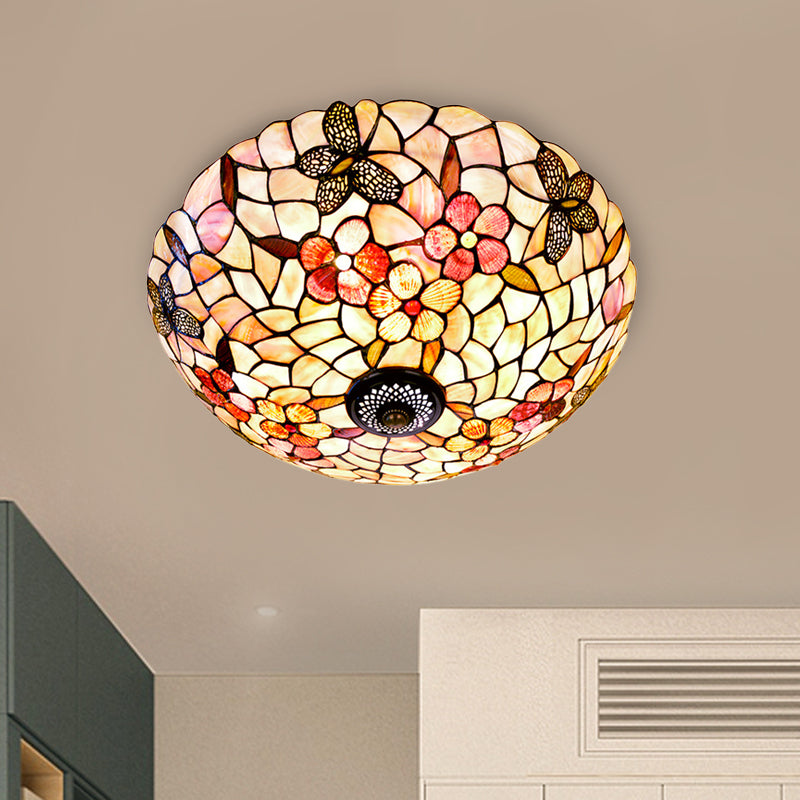 Natural Shell Beige Ceiling Fixture Dome 3/4 Lights Tiffany Flushmount Lighting with Butterfly-Flower Pattern, 16"/20.5" W