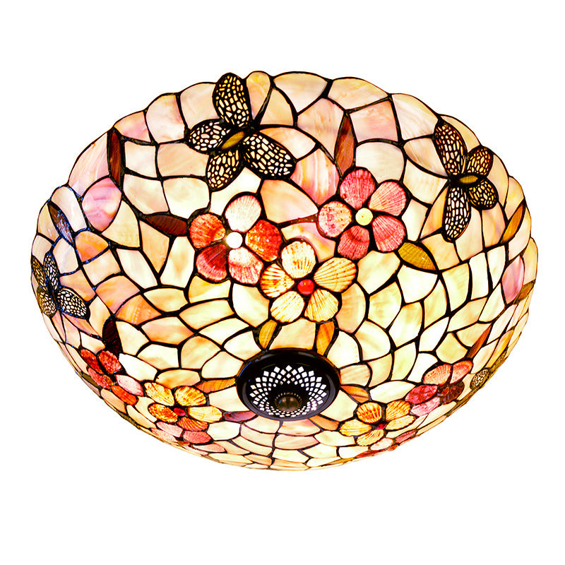 Natural Shell Beige Ceiling Fixture Dome 3/4 Lights Tiffany Flushmount Lighting with Butterfly-Flower Pattern, 16"/20.5" W