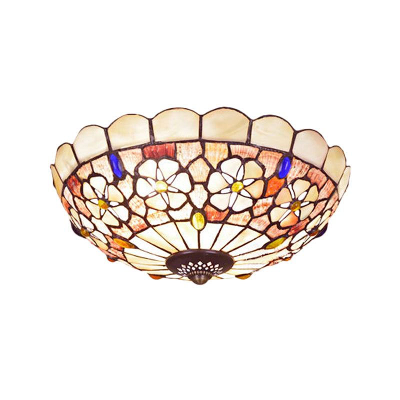 12"/21" Dia 3/4-Light Flush Mount Lamp Tiffany Bowl Shell Ceiling Fixture with Blossom Pattern in Beige