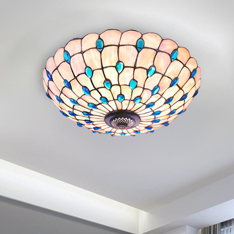 Shell Blue Flush Ceiling Light Jeweled Bowl 3/4 Bulbs 16"/21" Wide Tiffany Flushmount Lighting