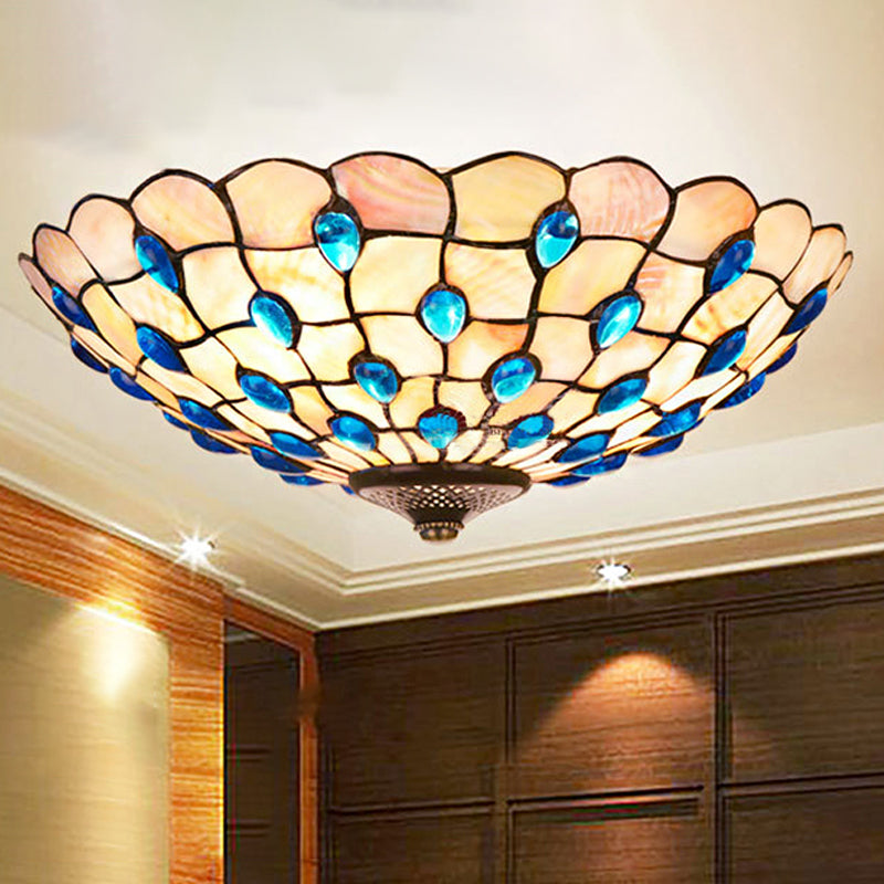 Shell Blue Flush Ceiling Light Jeweled Bowl 3/4 Bulbs 16"/21" Wide Tiffany Flushmount Lighting