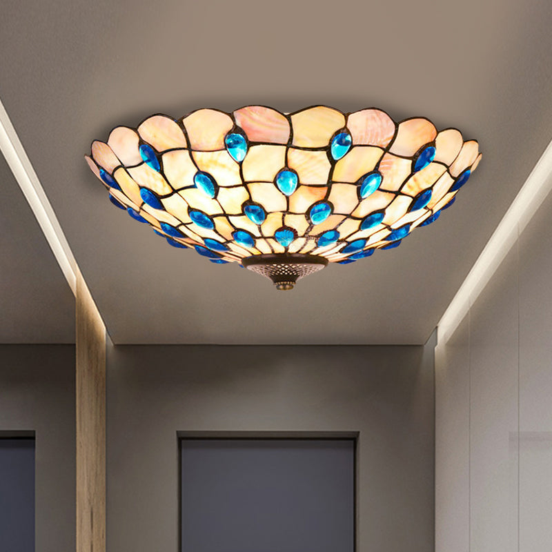 Shell Blue Flush Ceiling Light Jeweled Bowl 3/4 Bulbs 16"/21" Wide Tiffany Flushmount Lighting
