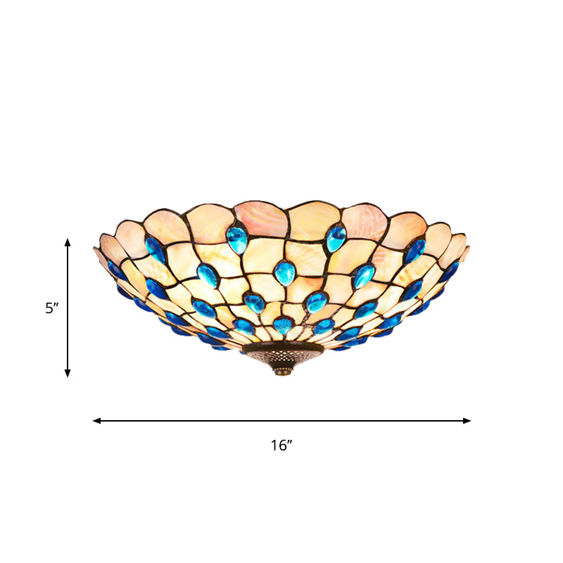 Shell Blue Flush Ceiling Light Jeweled Bowl 3/4 Bulbs 16"/21" Wide Tiffany Flushmount Lighting