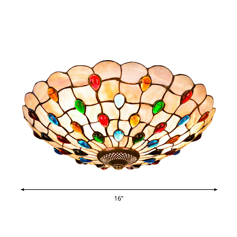3/4-Light Cabochons-Embellished Flushmount Tiffany Beige Shell Flush Mount Ceiling Light for Living Room, 16"/21" Wide