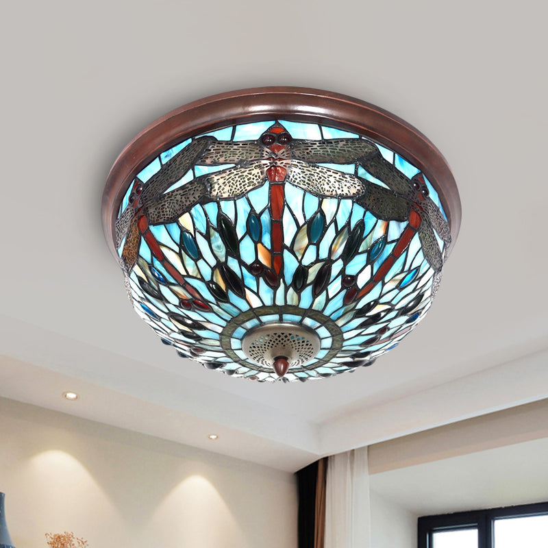 Blue/Red Dome Flush Mount Light Tiffany Stained Glass LED Close to Ceiling Lamp with Dragonfly Pattern