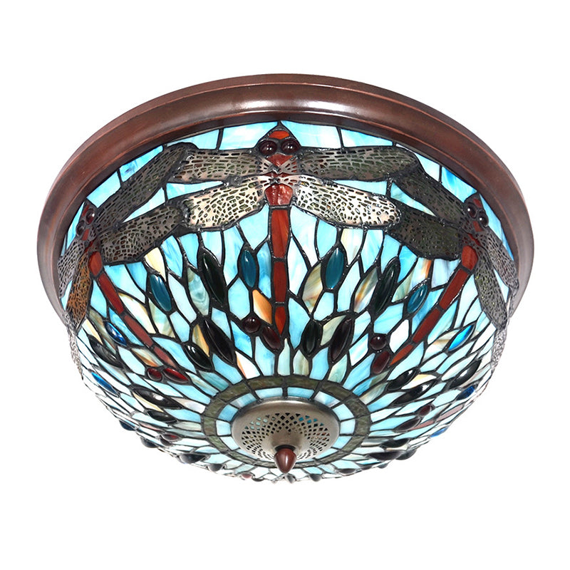 Blue/Red Dome Flush Mount Light Tiffany Stained Glass LED Close to Ceiling Lamp with Dragonfly Pattern
