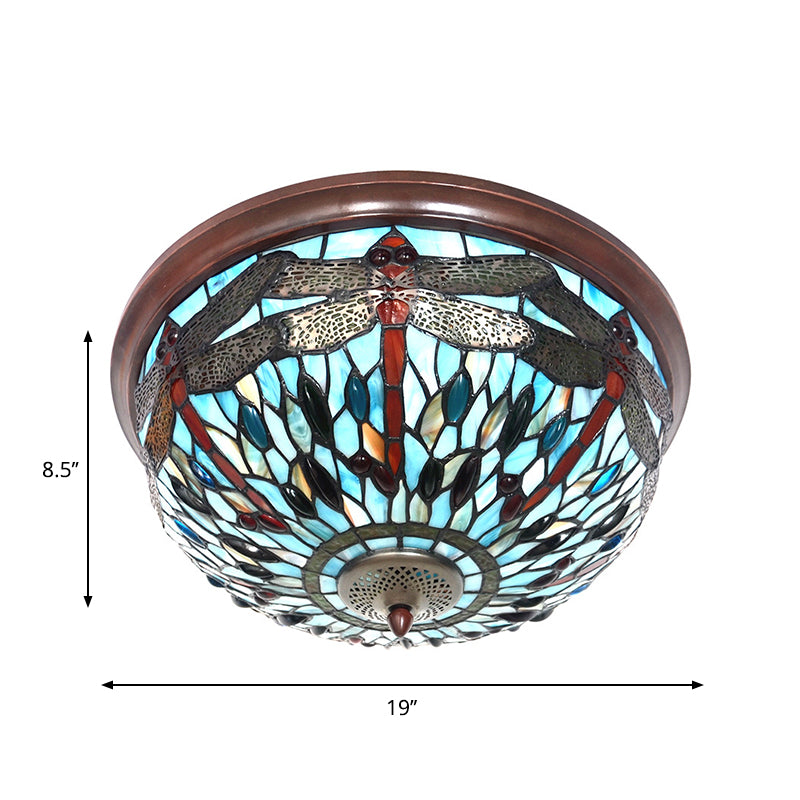 Blue/Red Dome Flush Mount Light Tiffany Stained Glass LED Close to Ceiling Lamp with Dragonfly Pattern