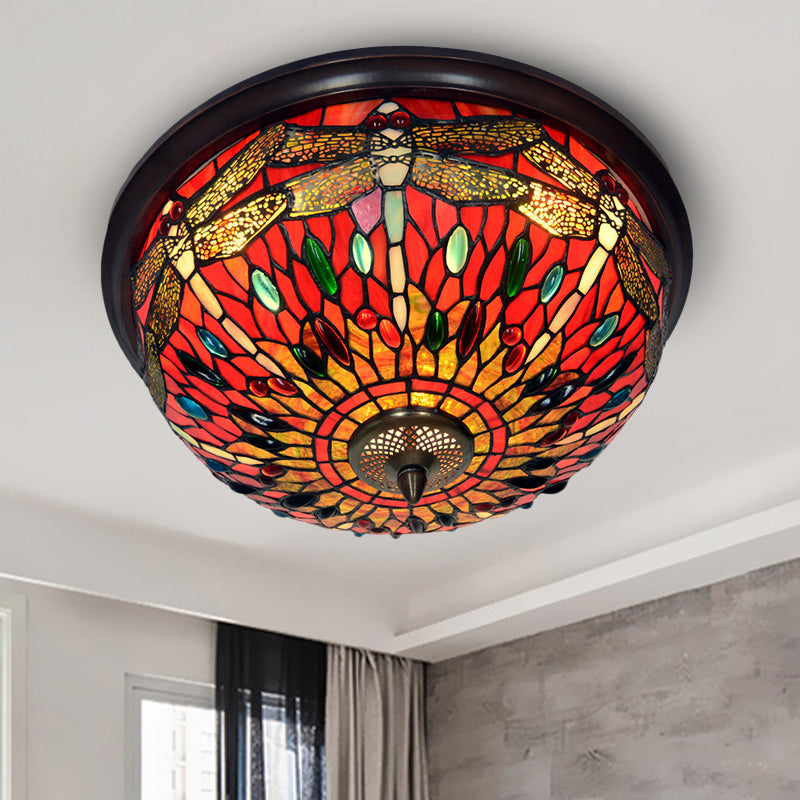 Blue/Red Dome Flush Mount Light Tiffany Stained Glass LED Close to Ceiling Lamp with Dragonfly Pattern
