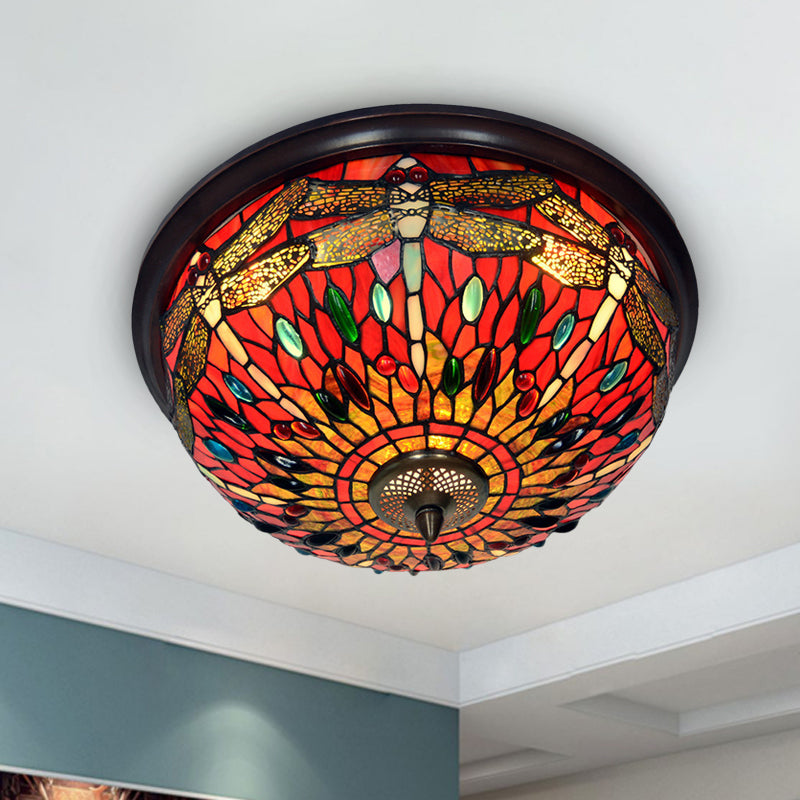 Blue/Red Dome Flush Mount Light Tiffany Stained Glass LED Close to Ceiling Lamp with Dragonfly Pattern
