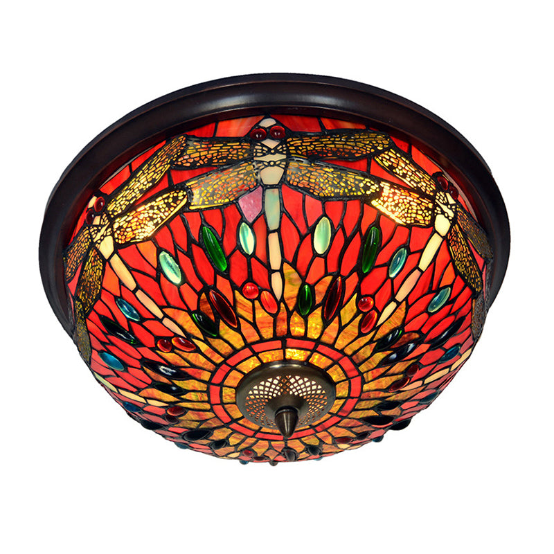 Blue/Red Dome Flush Mount Light Tiffany Stained Glass LED Close to Ceiling Lamp with Dragonfly Pattern