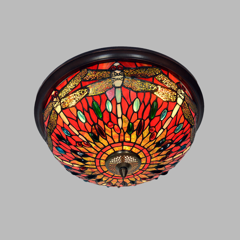Blue/Red Dome Flush Mount Light Tiffany Stained Glass LED Close to Ceiling Lamp with Dragonfly Pattern