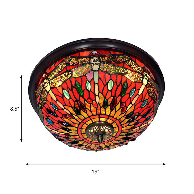 Blue/Red Dome Flush Mount Light Tiffany Stained Glass LED Close to Ceiling Lamp with Dragonfly Pattern