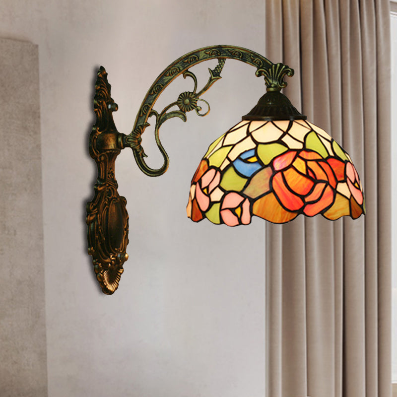 Red/Pink Flower Bowl Sconce Light Tiffany 1 Head Stained Glass Wall Mounted Lighting Fixture