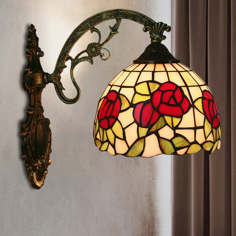 Red/Pink Flower Bowl Sconce Light Tiffany 1 Head Stained Glass Wall Mounted Lighting Fixture