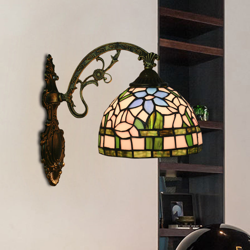 Red/Pink Flower Bowl Sconce Light Tiffany 1 Head Stained Glass Wall Mounted Lighting Fixture