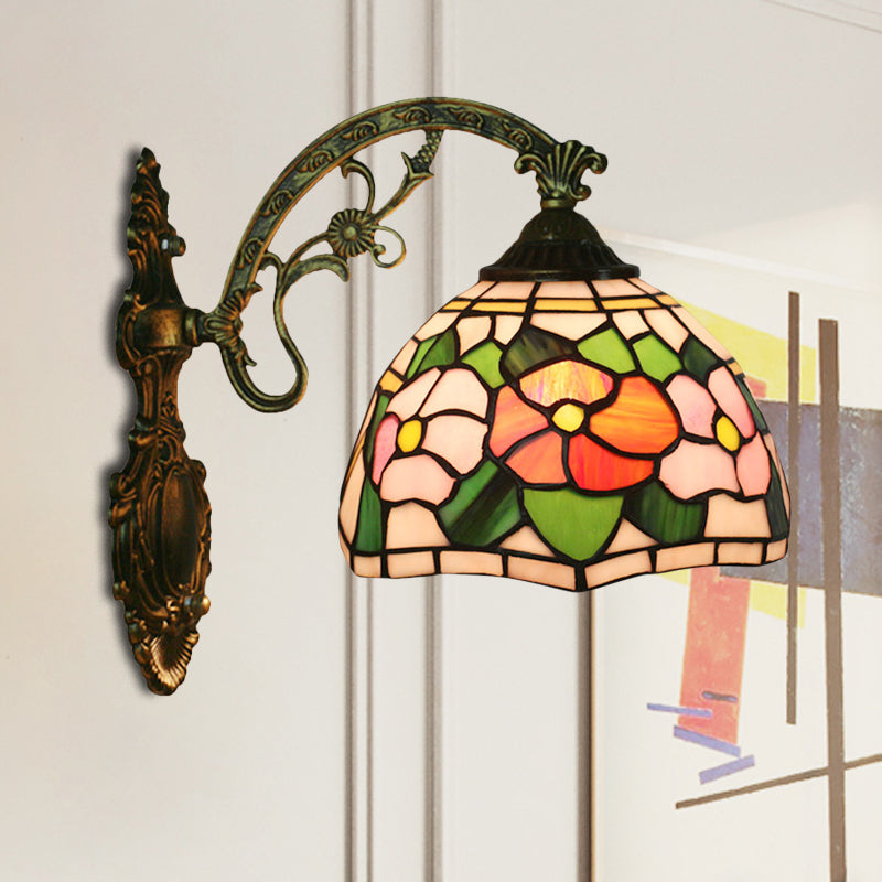 Red/Pink Flower Bowl Sconce Light Tiffany 1 Head Stained Glass Wall Mounted Lighting Fixture