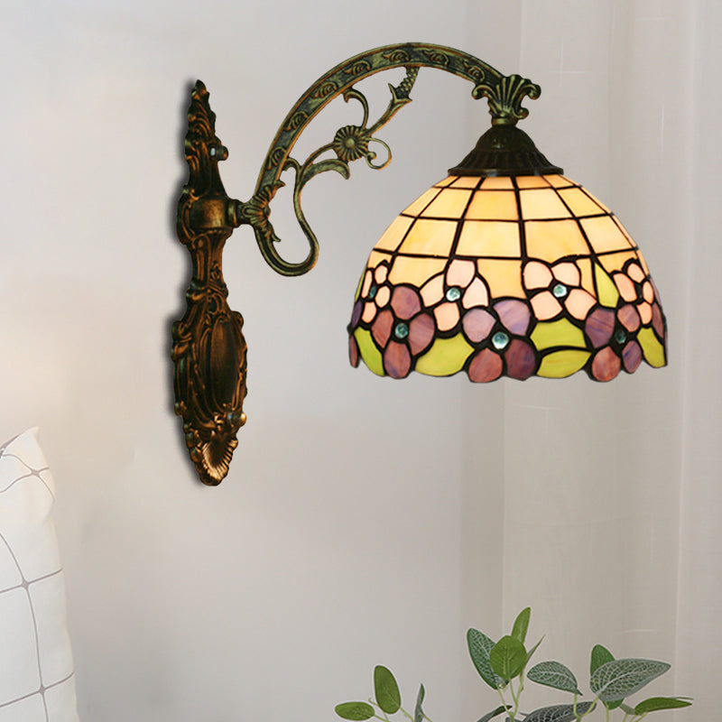 Red/Pink Flower Bowl Sconce Light Tiffany 1 Head Stained Glass Wall Mounted Lighting Fixture