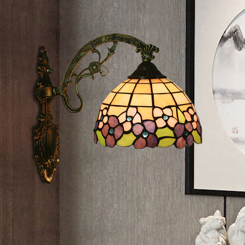 Red/Pink Flower Bowl Sconce Light Tiffany 1 Head Stained Glass Wall Mounted Lighting Fixture