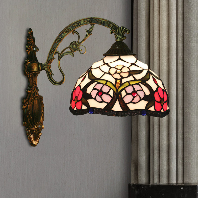 Bronze 1-Light Wall Lighting Fixture Tiffany Cut Glass Peony Pattern Bowl Wall Mount Light