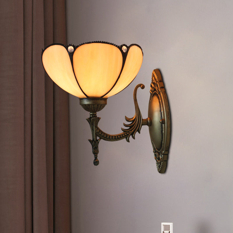 Flower/Bowl Wall Mount Light Fixture Tiffany Beige/Yellow Glass 1-Bulb Bronze Finish Wall Sconce Light