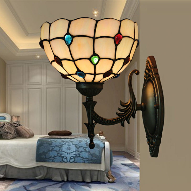 Flower/Bowl Wall Mount Light Fixture Tiffany Beige/Yellow Glass 1-Bulb Bronze Finish Wall Sconce Light