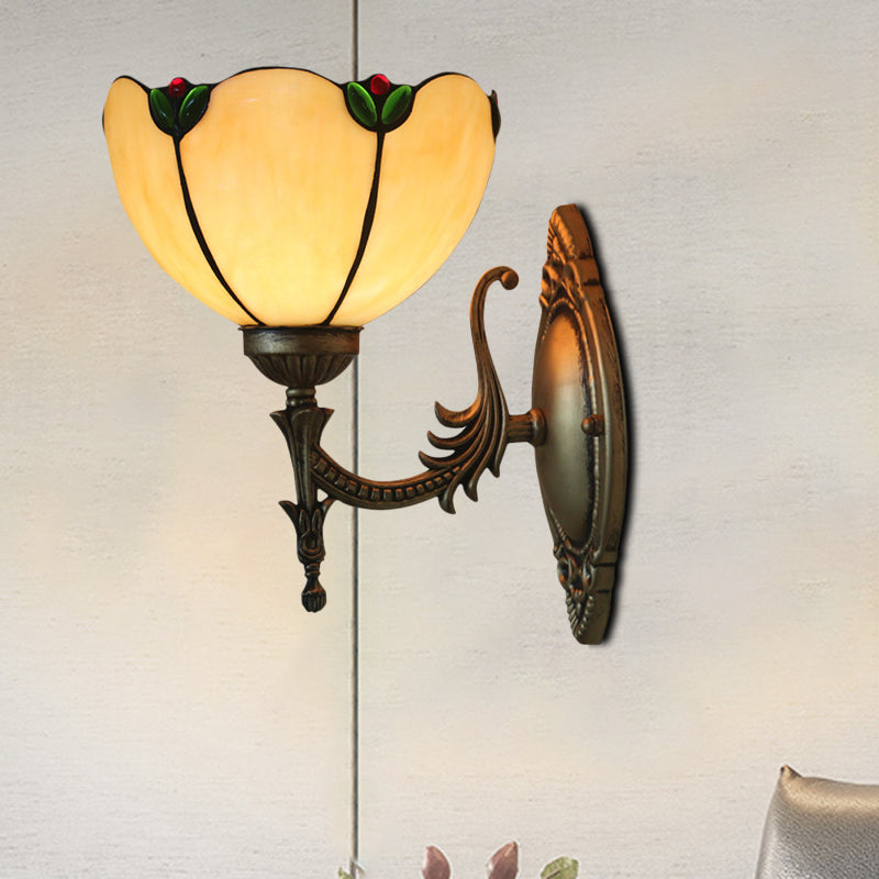 Beige Glass Petals Wall Lamp Vintage 1 Head Bronze Finish Wall Lighting Fixture for Bedroom