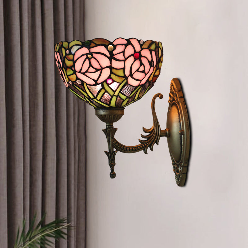 Pink Rose Wall Mount Lighting Tiffany 1 Bulb Stained Glass Sconce with Bronze Carved Arm