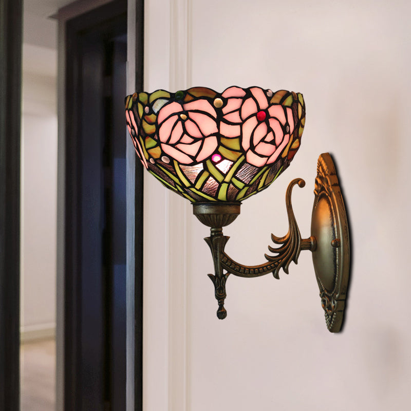Pink Rose Wall Mount Lighting Tiffany 1 Bulb Stained Glass Sconce with Bronze Carved Arm