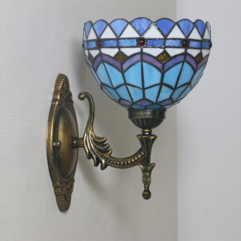 1-Light Bedroom Wall Sconce Mediterranean Bronze Wall Light Fixture with Bowl Blue Glass Shade