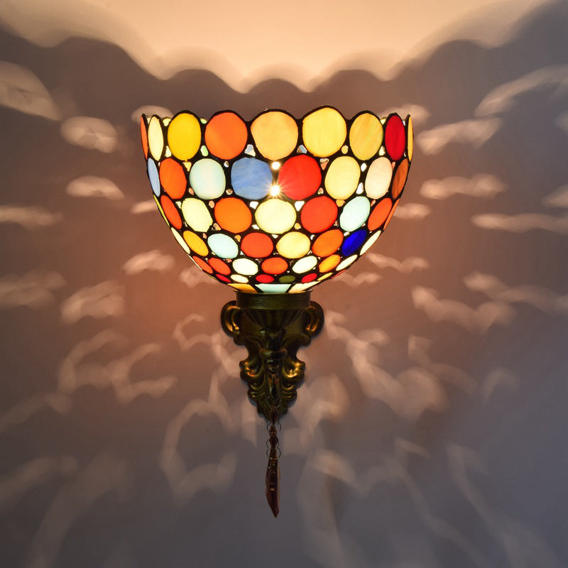 Stained Glass Circles Bowl Wall Light Tiffany Single-Bulb Brass Sconce Lighting Fixture with Drops