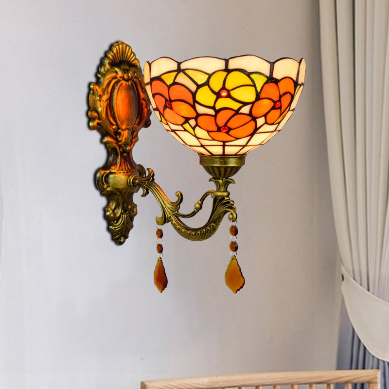 Leaf-Pattern Bowl Stained Glass Wall Lamp Tiffany 1 Head Orange/Purple/Red Wall Mounted Fixture