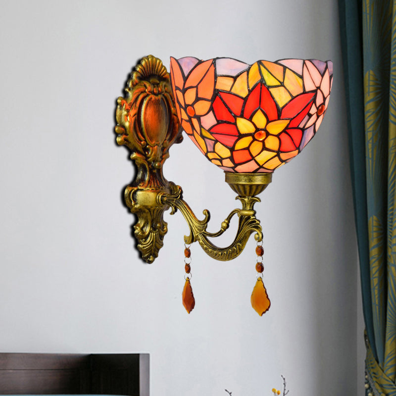 Leaf-Pattern Bowl Stained Glass Wall Lamp Tiffany 1 Head Orange/Purple/Red Wall Mounted Fixture