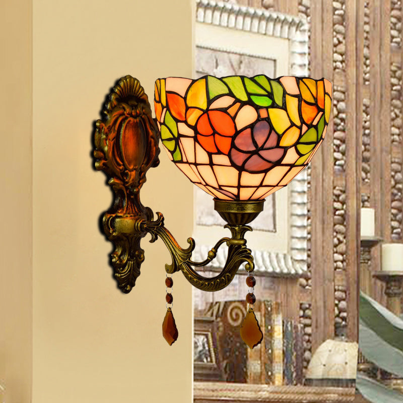 Leaf-Pattern Bowl Stained Glass Wall Lamp Tiffany 1 Head Orange/Purple/Red Wall Mounted Fixture